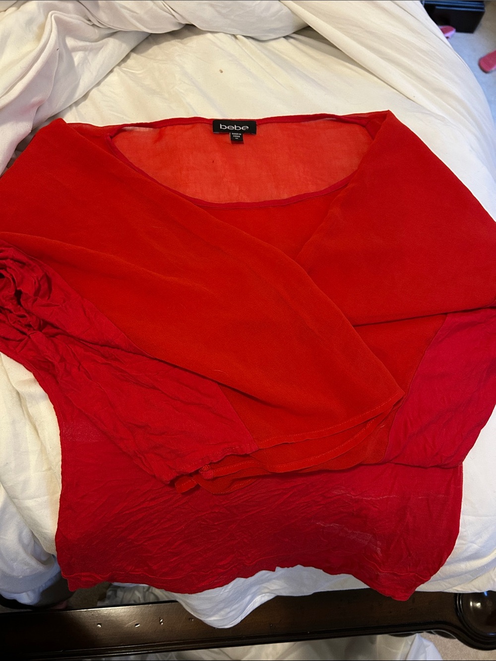 bebe Bright Red V-Neck Long Sleeve Blouse